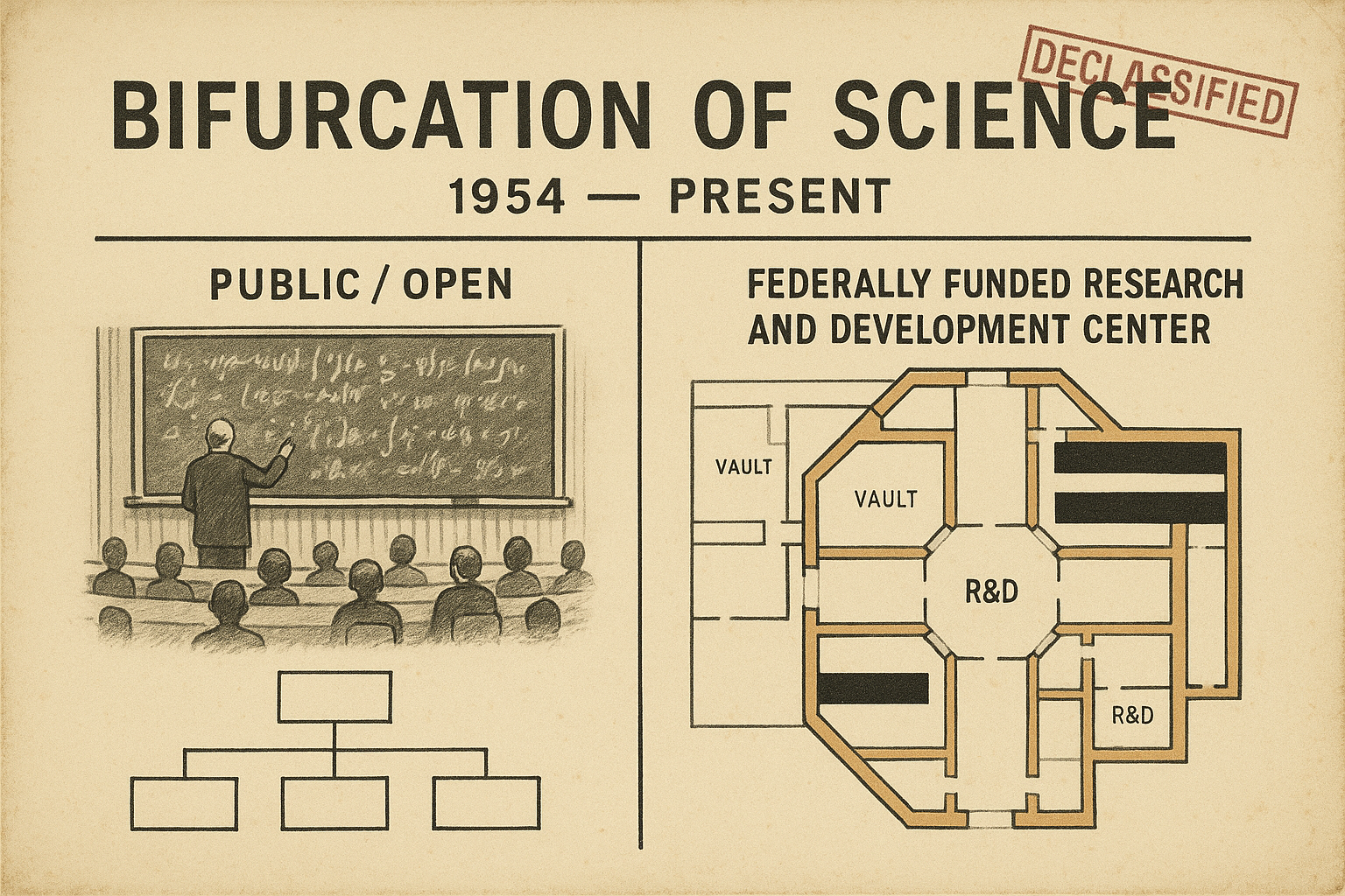 Bifurcation of Science — public academia vs federally funded research and development center.