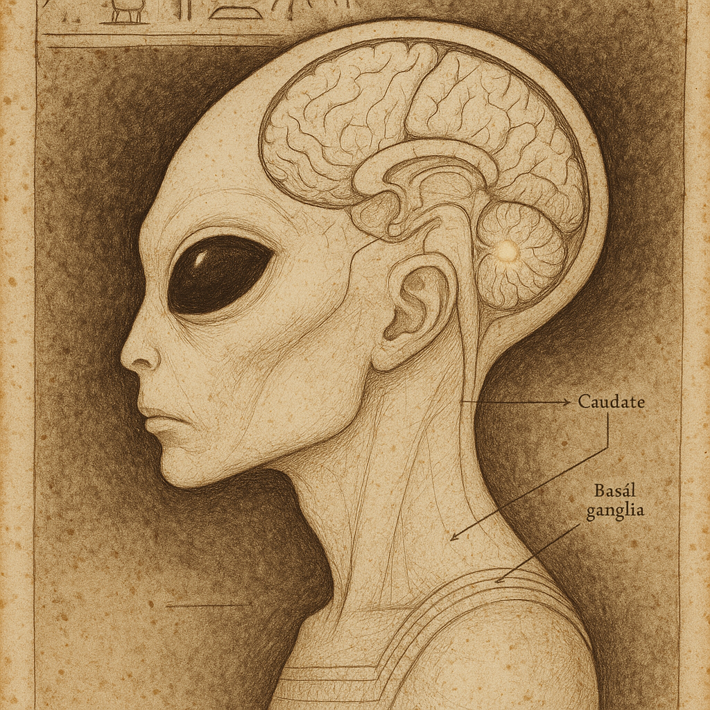 Hieratic figure of an experiencer, anatomical cross-section showing caudate nucleus and basal ganglia.