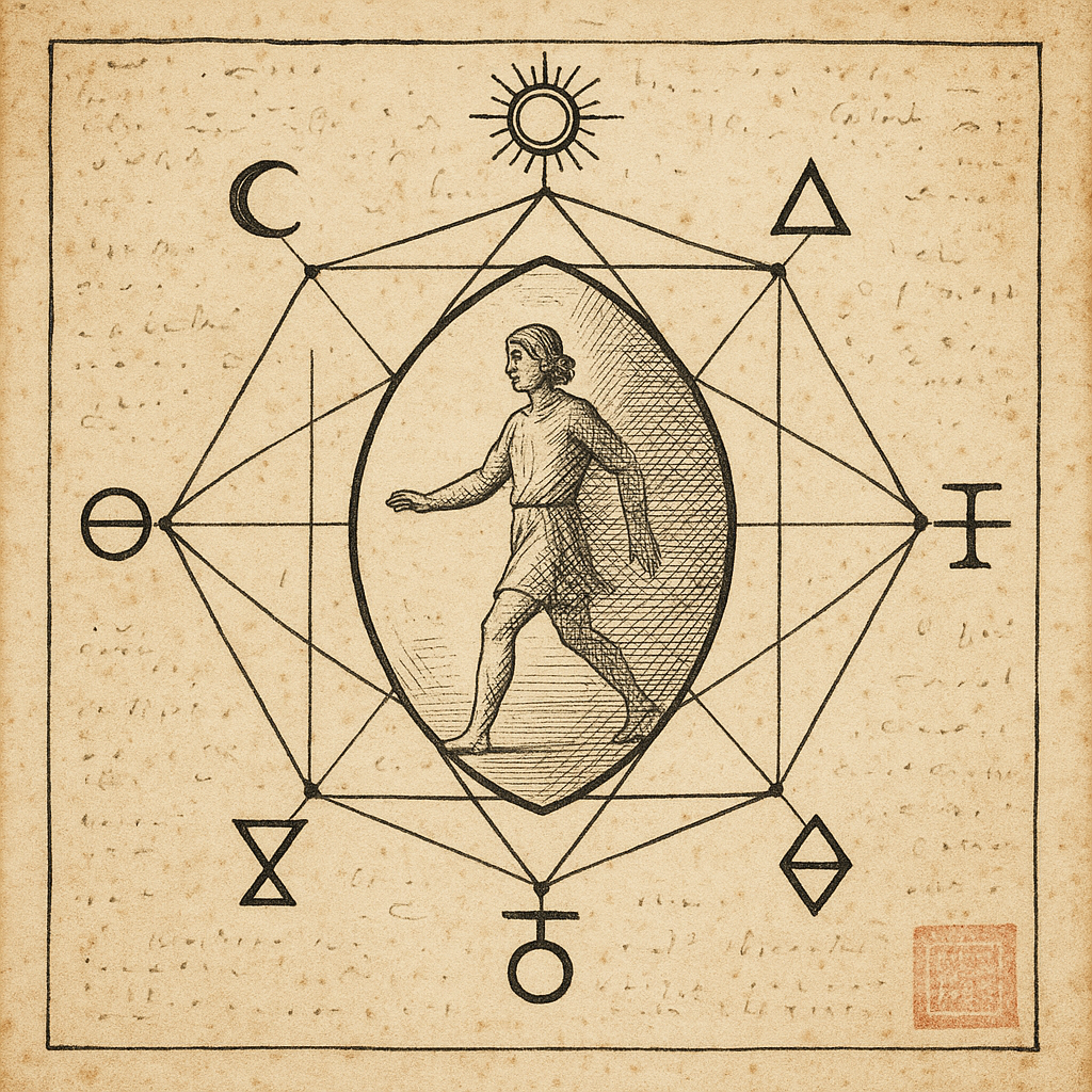 Alchemical engraving of an initiate stepping through a vesica piscis, framed by sigils of the Magnum Opus.