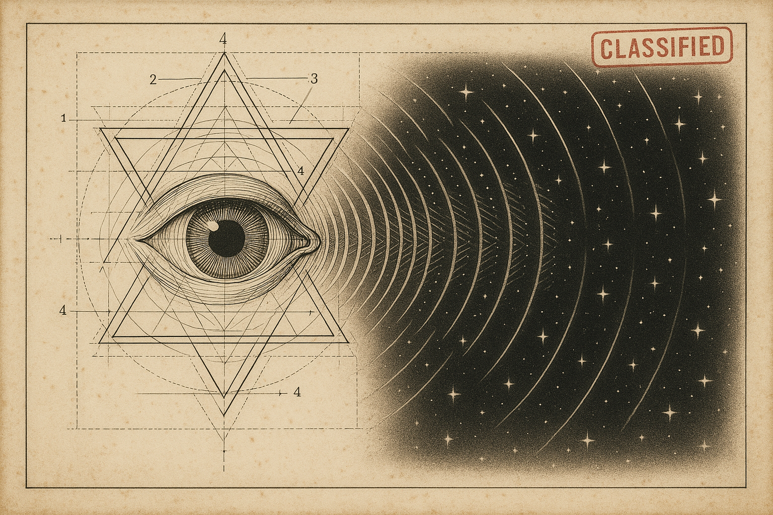 Schematic of the human eye as electromagnetic emitter, sacred-geometry overlay, classified archive plate.